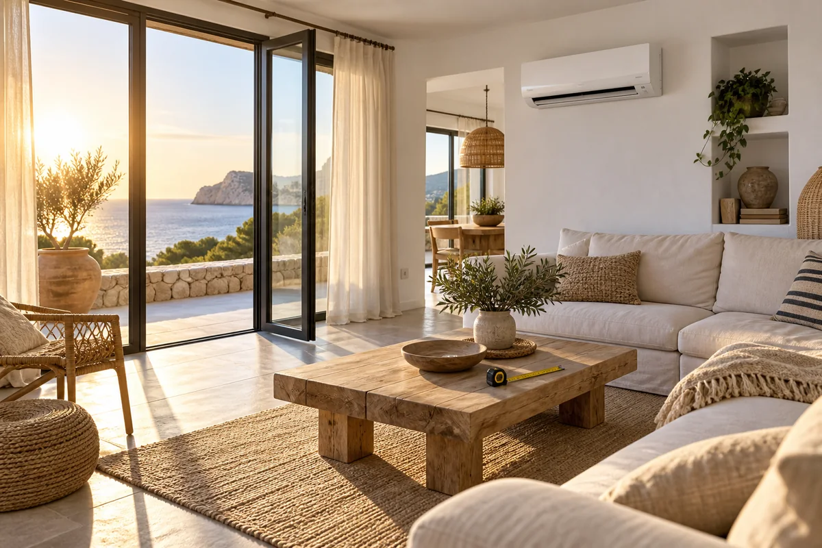 Salón mediterráneo de Ibiza con un aire acondicionado split y luz intensa entrando por los ventanales