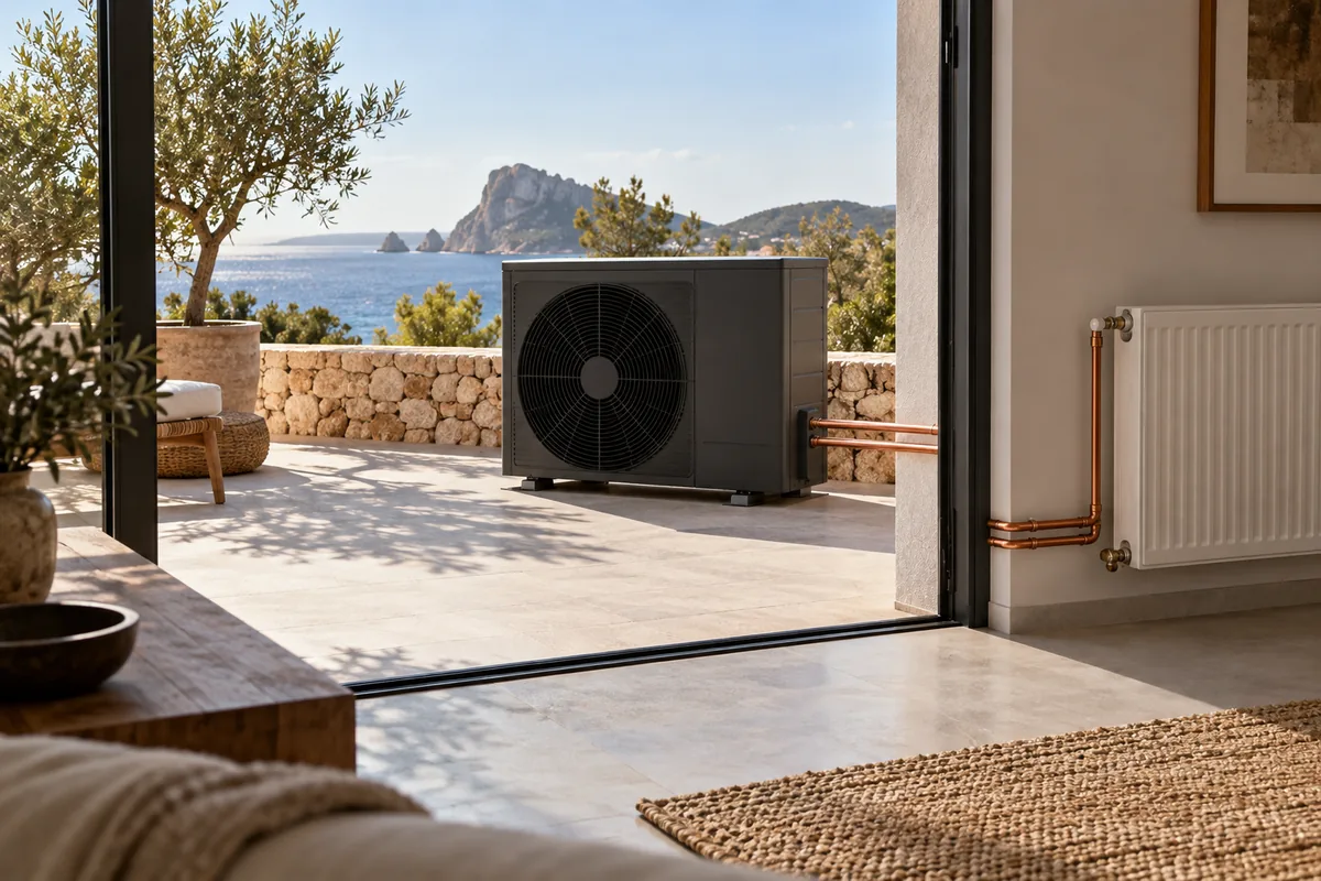 Unidad exterior de aerotermia en una terraza mediterránea conectada a un radiador antiguo en una vivienda de Ibiza