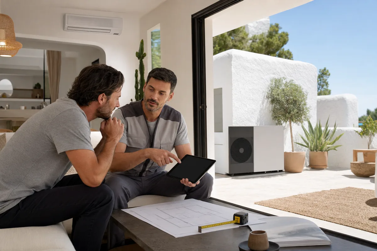 Técnico de climatización explicando una instalación de aerotermia en un piso mediterráneo de Ibiza con unidad exterior en la terraza