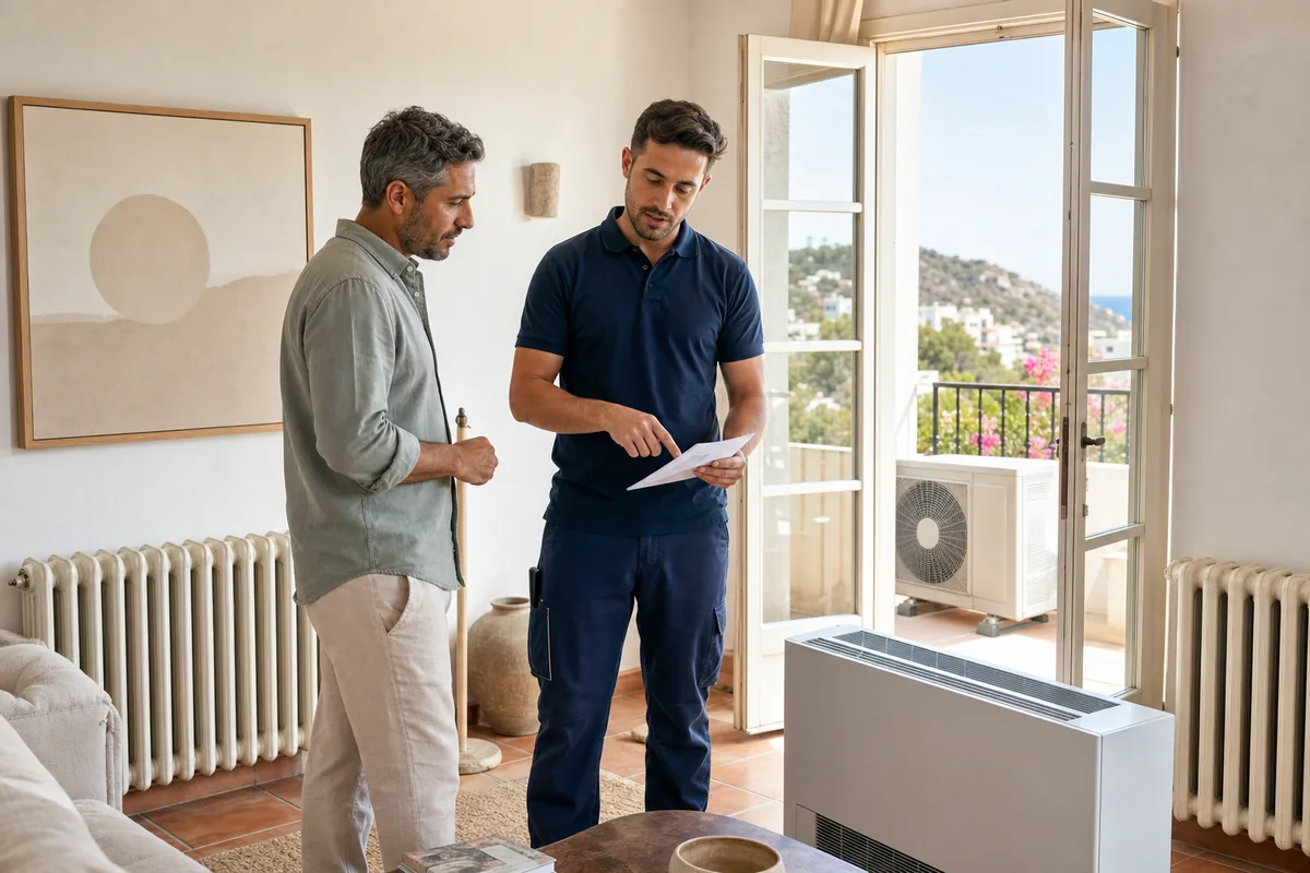 Técnico de climatización explicando aerotermia con radiadores y fancoil en una vivienda mediterránea de Ibiza