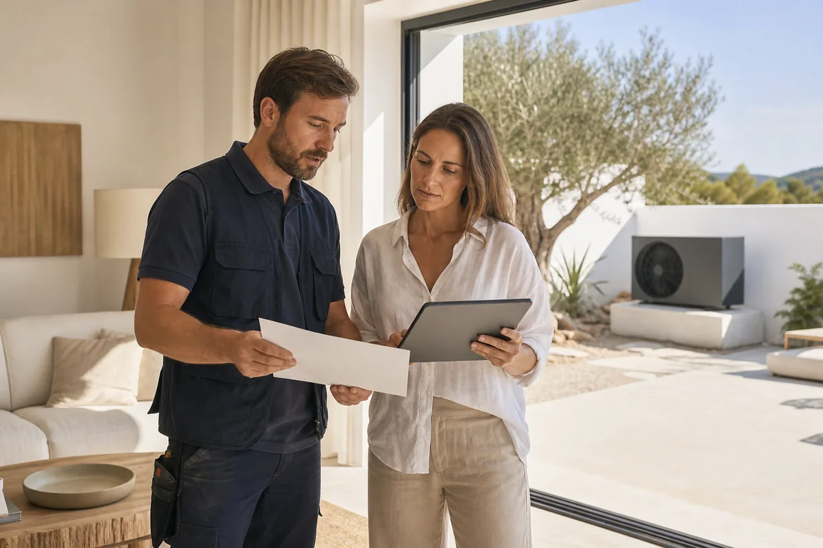 Técnico de climatización y propietaria revisando una instalación de aerotermia en una vivienda de Ibiza