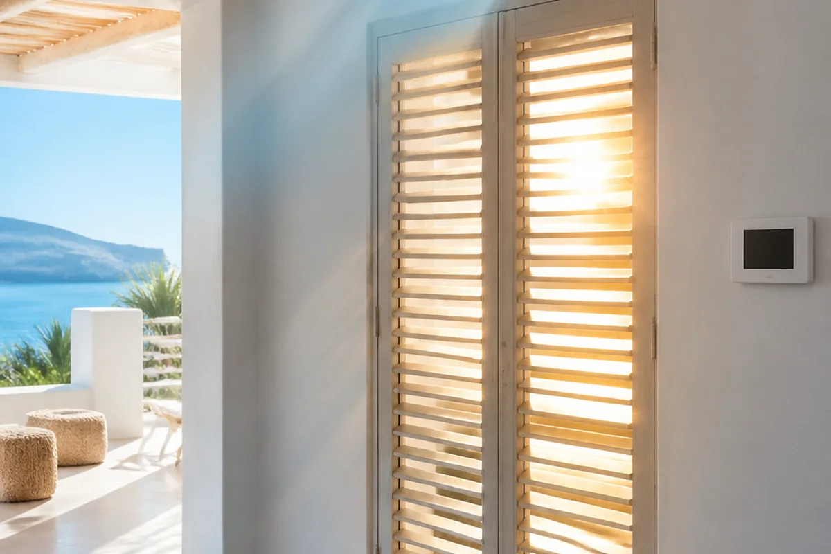 Split de aire acondicionado funcionando frente al sol de tarde en un salón de Ibiza