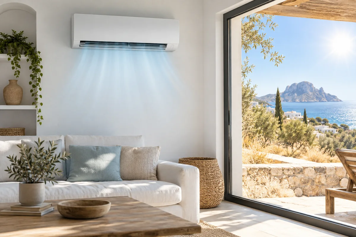 Split de aire acondicionado enfriando un salón mediterráneo de Ibiza mientras el exterior permanece bajo un sol intenso