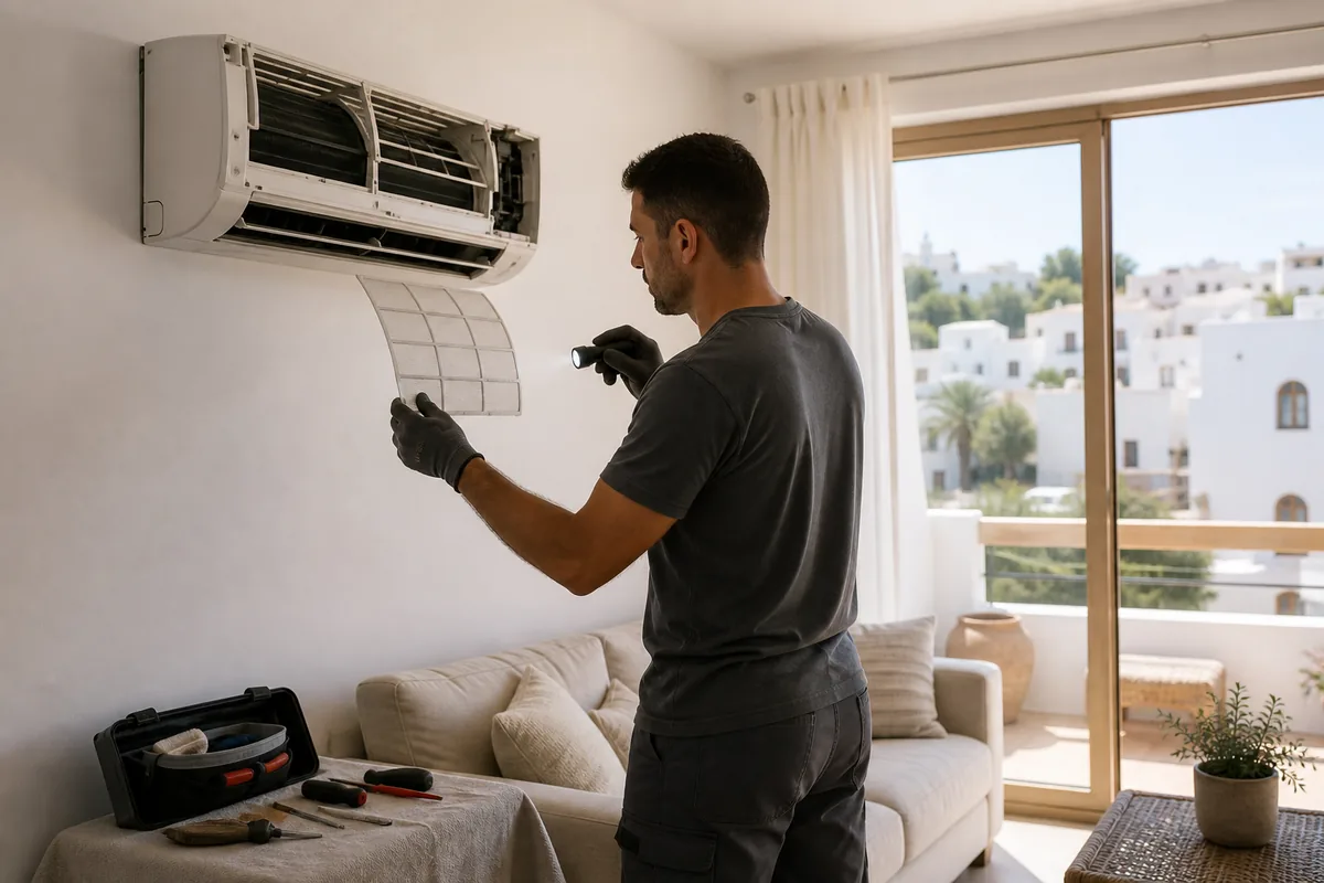 Técnico revisando el filtro de un split de aire acondicionado en una vivienda de Ibiza