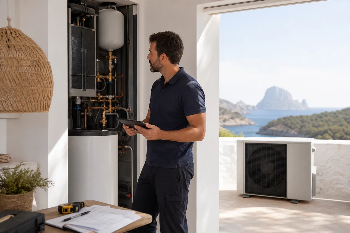 Técnico revisando una instalación de aerotermia y climatización en una vivienda mediterránea de Ibiza
