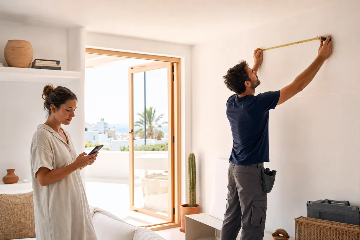 Técnico midiendo una pared para instalar aire acondicionado en una vivienda mediterránea durante el verano