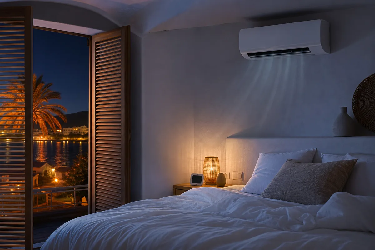 Dormitorio mediterráneo de noche con aire acondicionado mural encendido durante una ola de calor