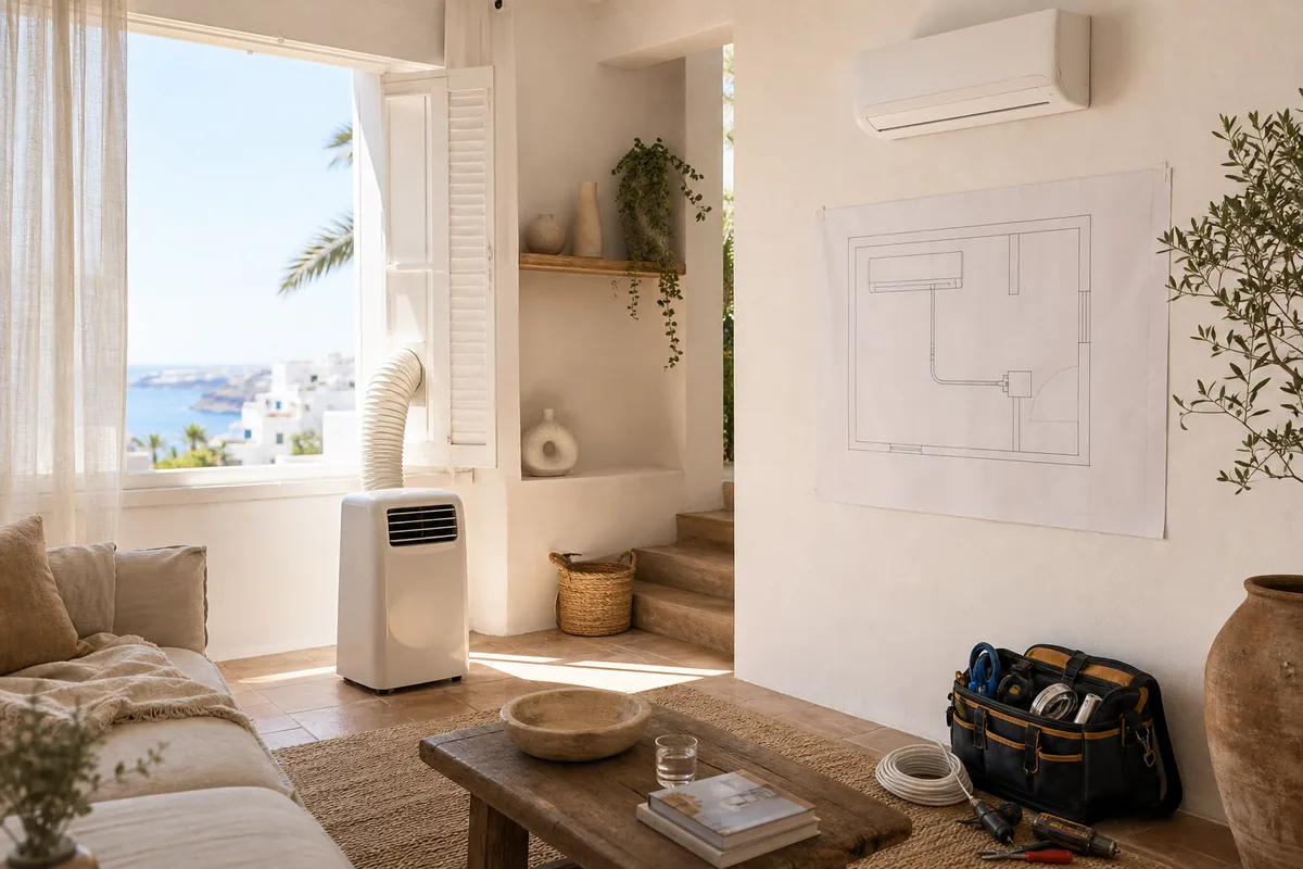 Salón mediterráneo con aire acondicionado portátil, tubo en la ventana y plan de instalación de un split en la pared