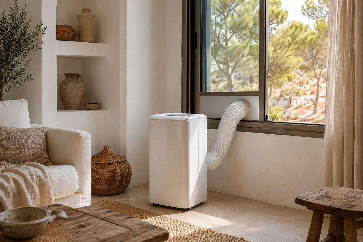 Aire acondicionado portátil con tubo de evacuación instalado junto a una ventana en un salón de Ibiza