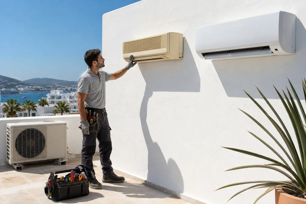 Técnico de climatización comparando un aire acondicionado antiguo con un split inverter nuevo en una terraza mediterránea de Ibiza