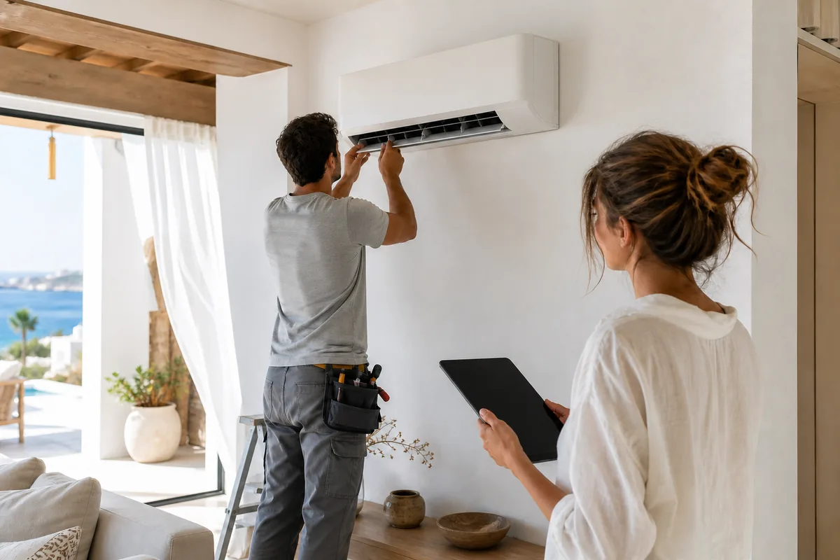Técnico de climatización revisando un split de bajo consumo en una vivienda luminosa de Ibiza
