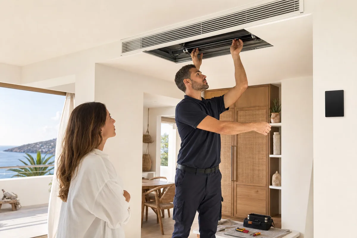 Técnico de climatización revisando un sistema de aire acondicionado por conductos en el techo de una vivienda mediterránea de Ibiza