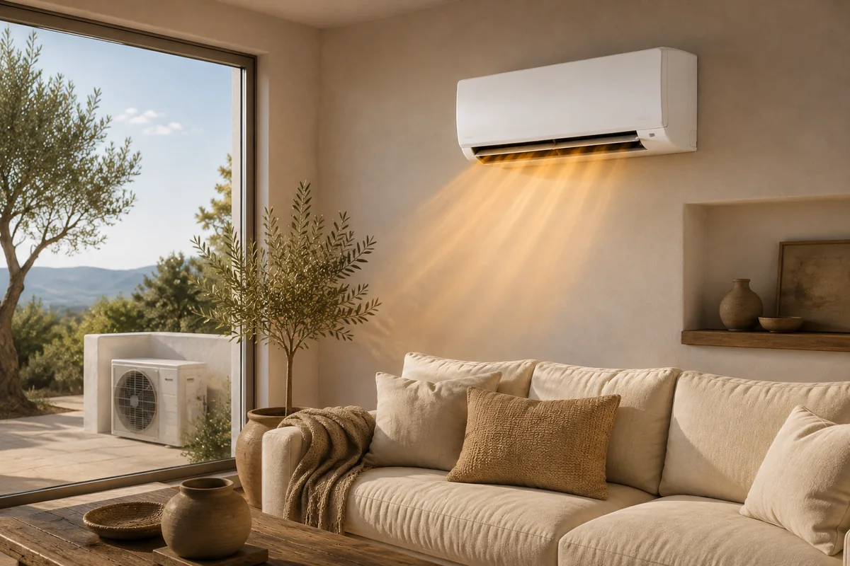 Split de aire acondicionado en modo calor en un salón de Ibiza con unidad exterior visible