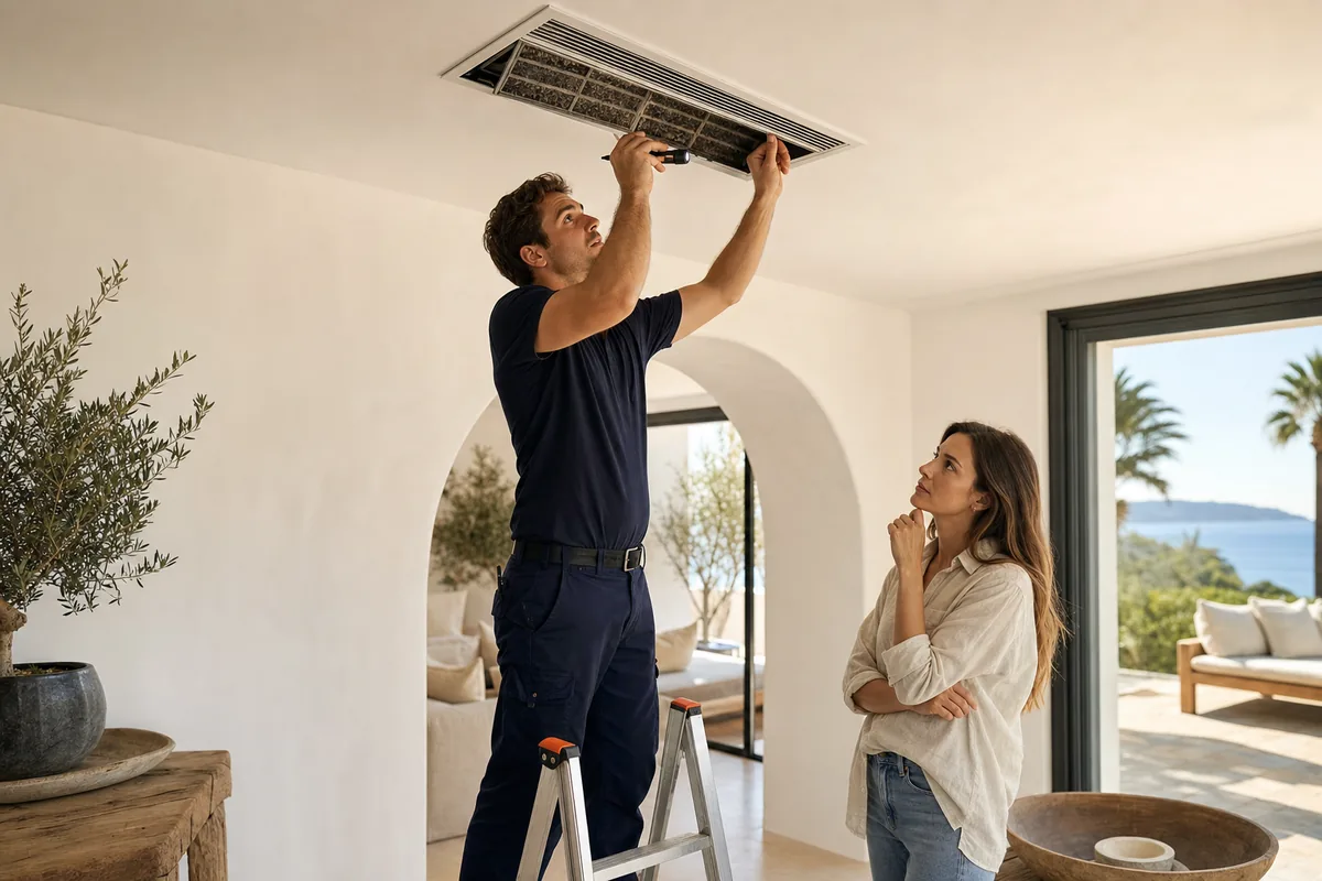 Técnico de climatización inspeccionando conductos sucios de aire acondicionado en una vivienda mediterránea de Ibiza