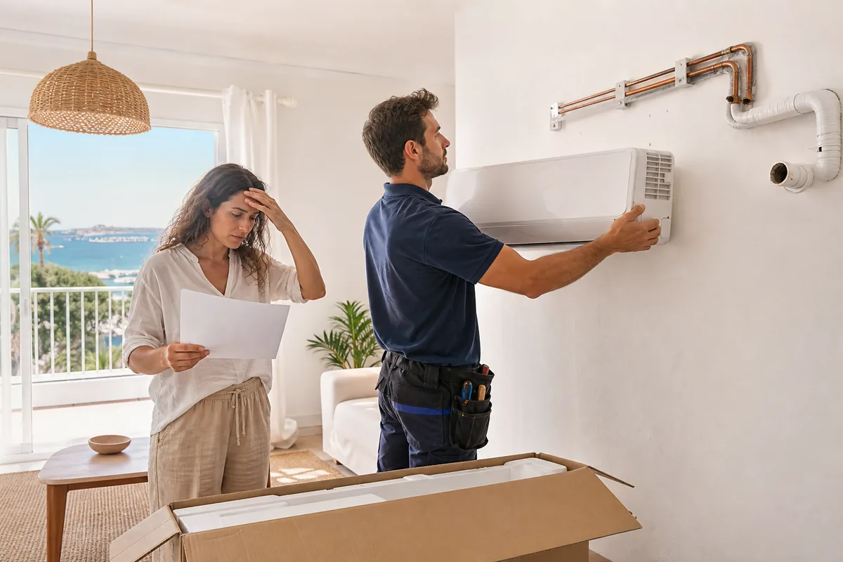 Técnico de climatización preparando la instalación de un aire acondicionado comprado sin instalación en una vivienda de Ibiza