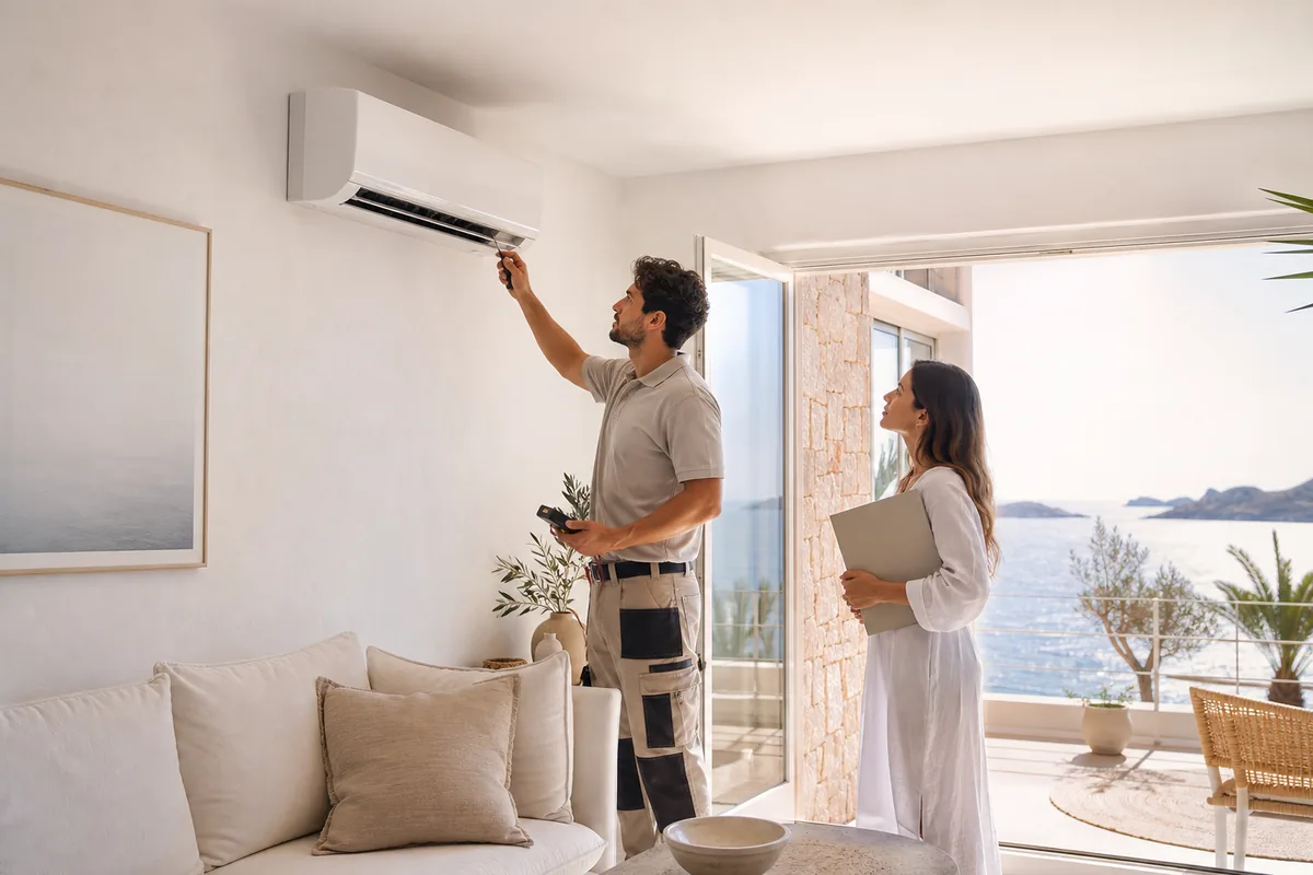 Técnico de climatización revisando un aire acondicionado sin unidad exterior visible en una vivienda mediterránea de Ibiza