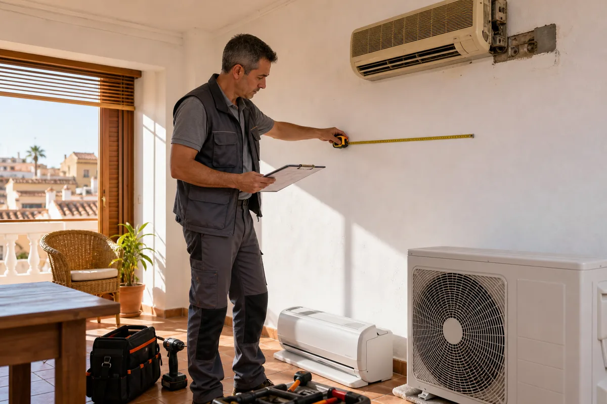 Técnico de climatización midiendo una pared antes de sustituir un aire acondicionado antiguo por una bomba de calor split