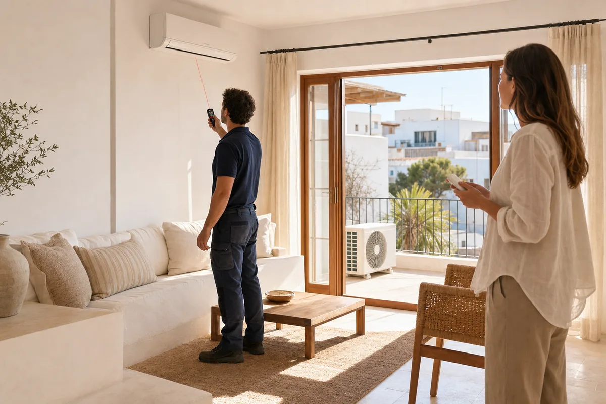 Técnico de climatización midiendo un salón mediterráneo de Ibiza antes de calcular las frigorías de un aire acondicionado