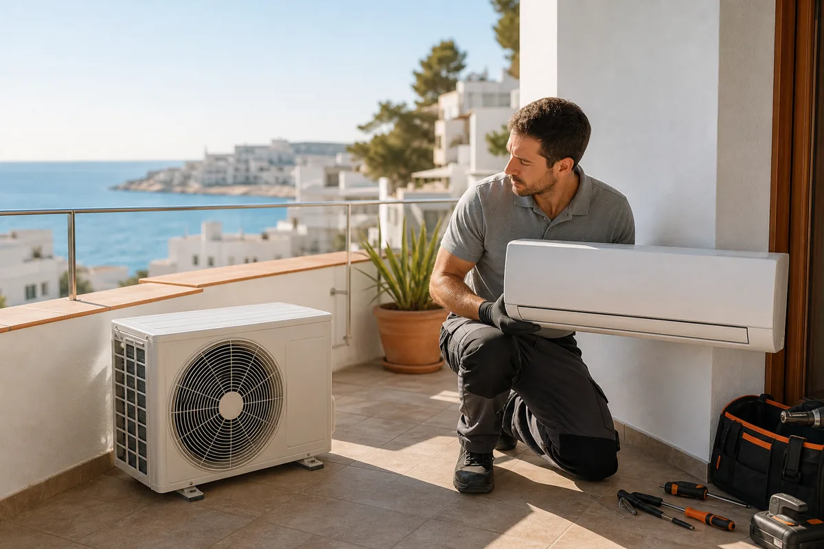 Técnico de climatización revisando una bomba de calor y un split en una terraza mediterránea antes de la instalación
