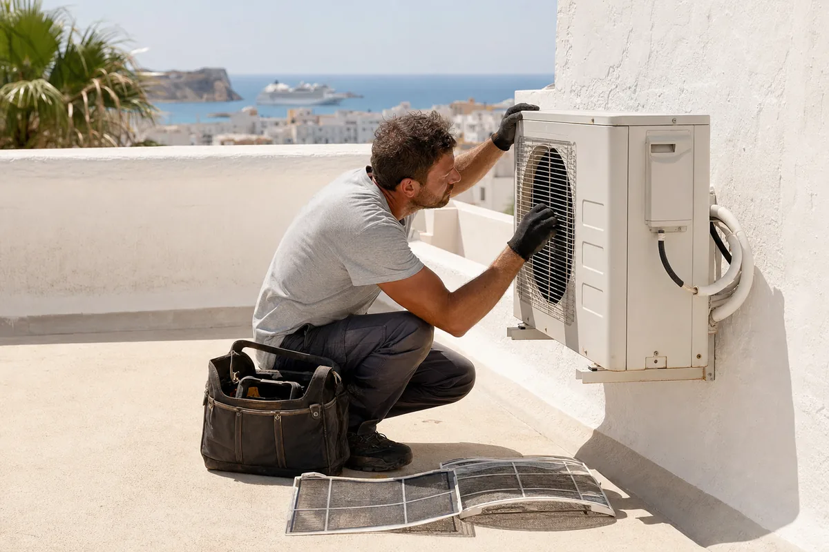 Técnico revisando y limpiando la unidad exterior de un aire acondicionado en una terraza mediterránea durante una ola de calor