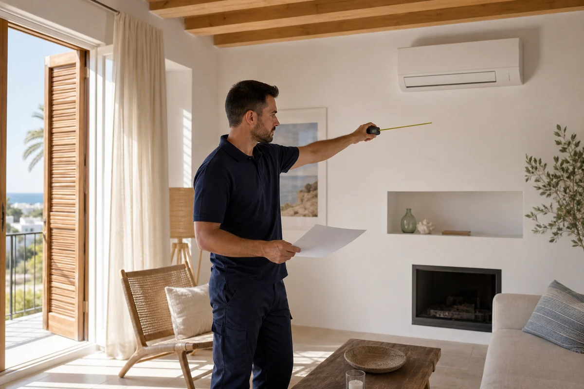 Técnico midiendo un salón de Ibiza antes de instalar una bomba de calor de aire acondicionado