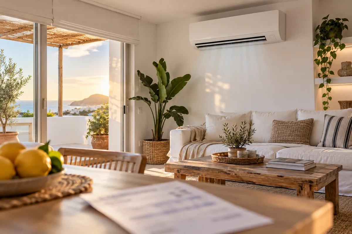 Salón mediterráneo de Ibiza con un split mural y una factura eléctrica desenfocada sobre la mesa