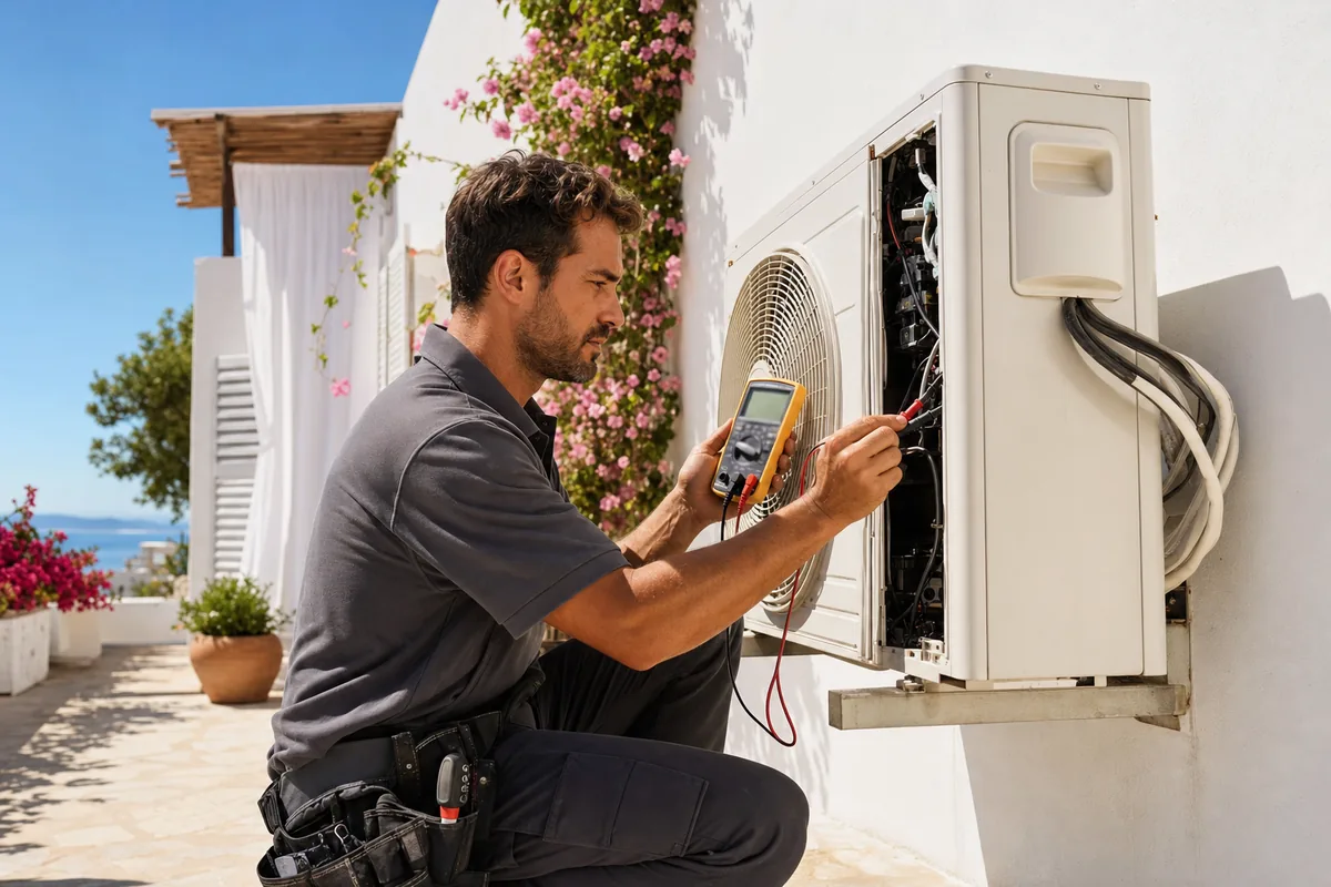 Técnico de climatización revisando una unidad exterior de aire acondicionado inverter en una terraza mediterránea durante una ola de calor