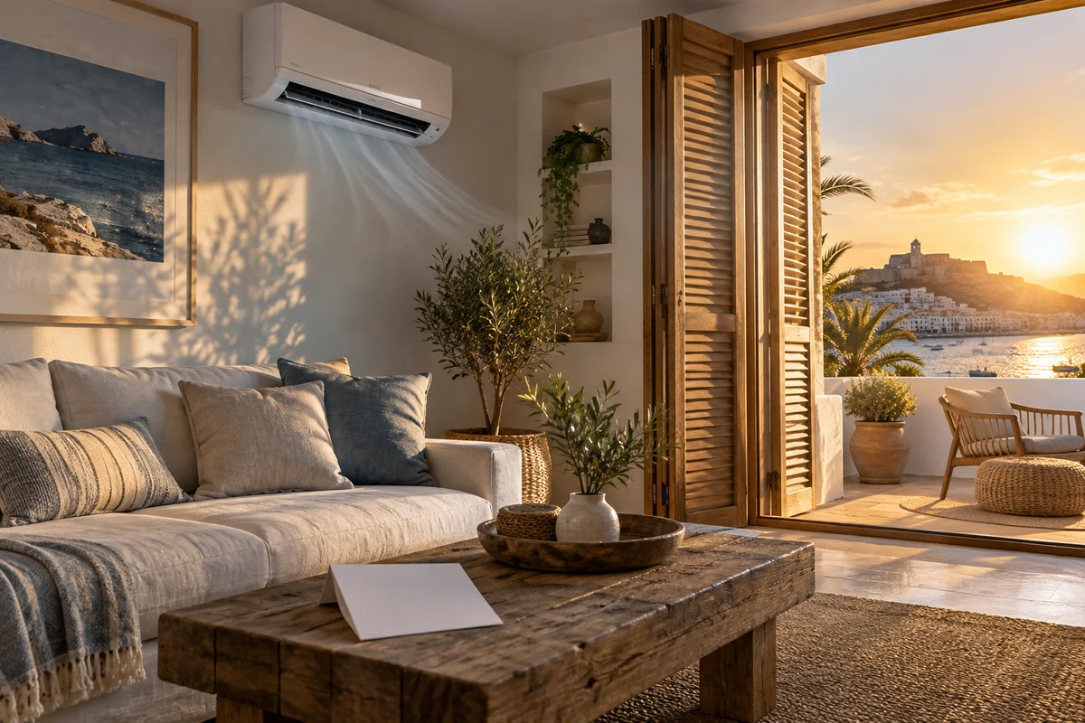 Salón mediterráneo de Ibiza con un aire acondicionado split y sol intenso entrando por las persianas