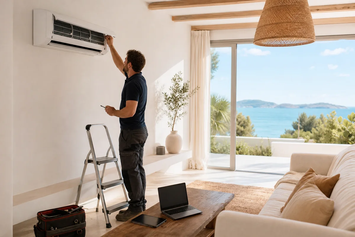 Técnico de climatización revisando un fancoil de aerotermia en una vivienda luminosa de Ibiza