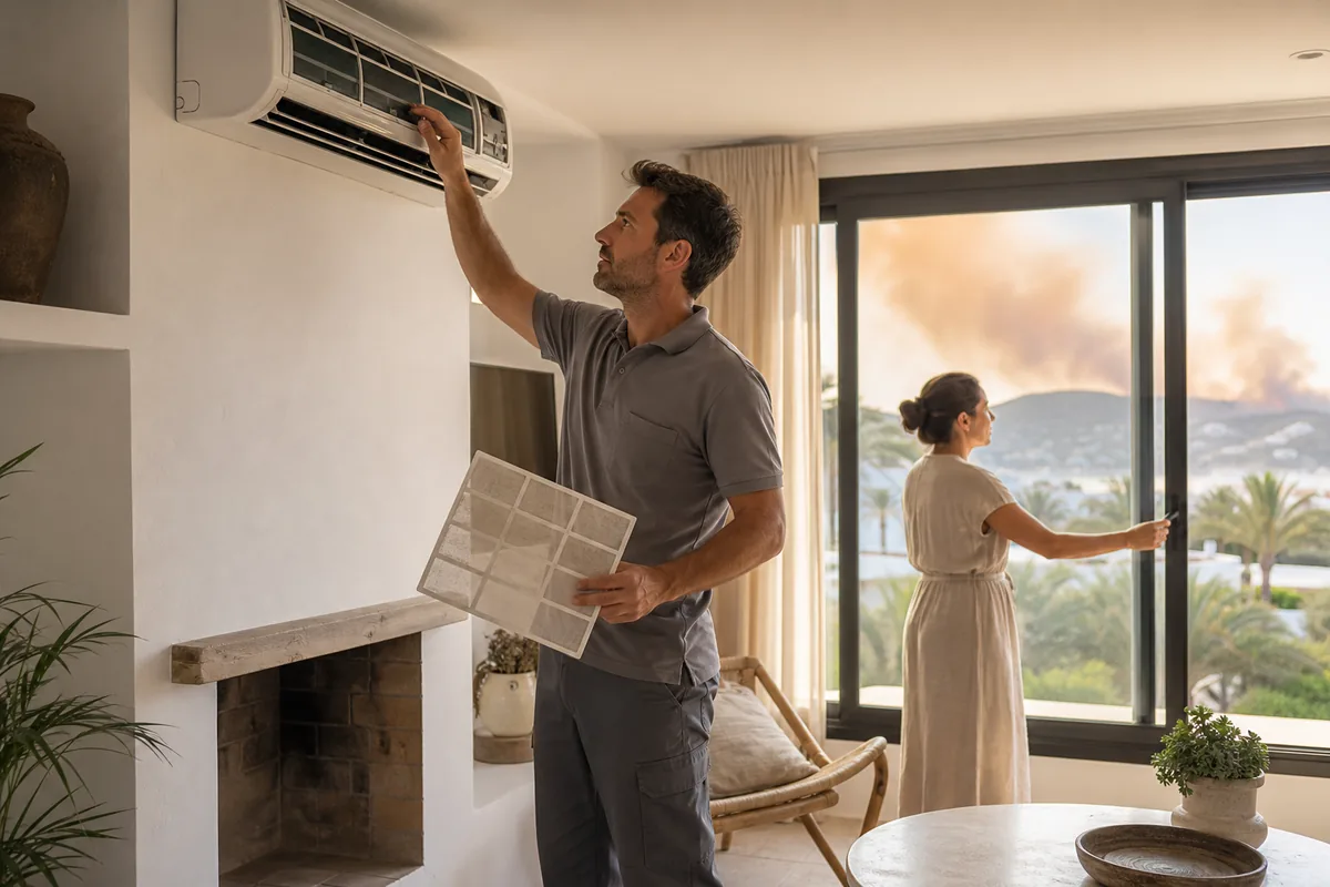Técnico de climatización revisando filtros de un split mientras entra humo exterior en una vivienda de Ibiza