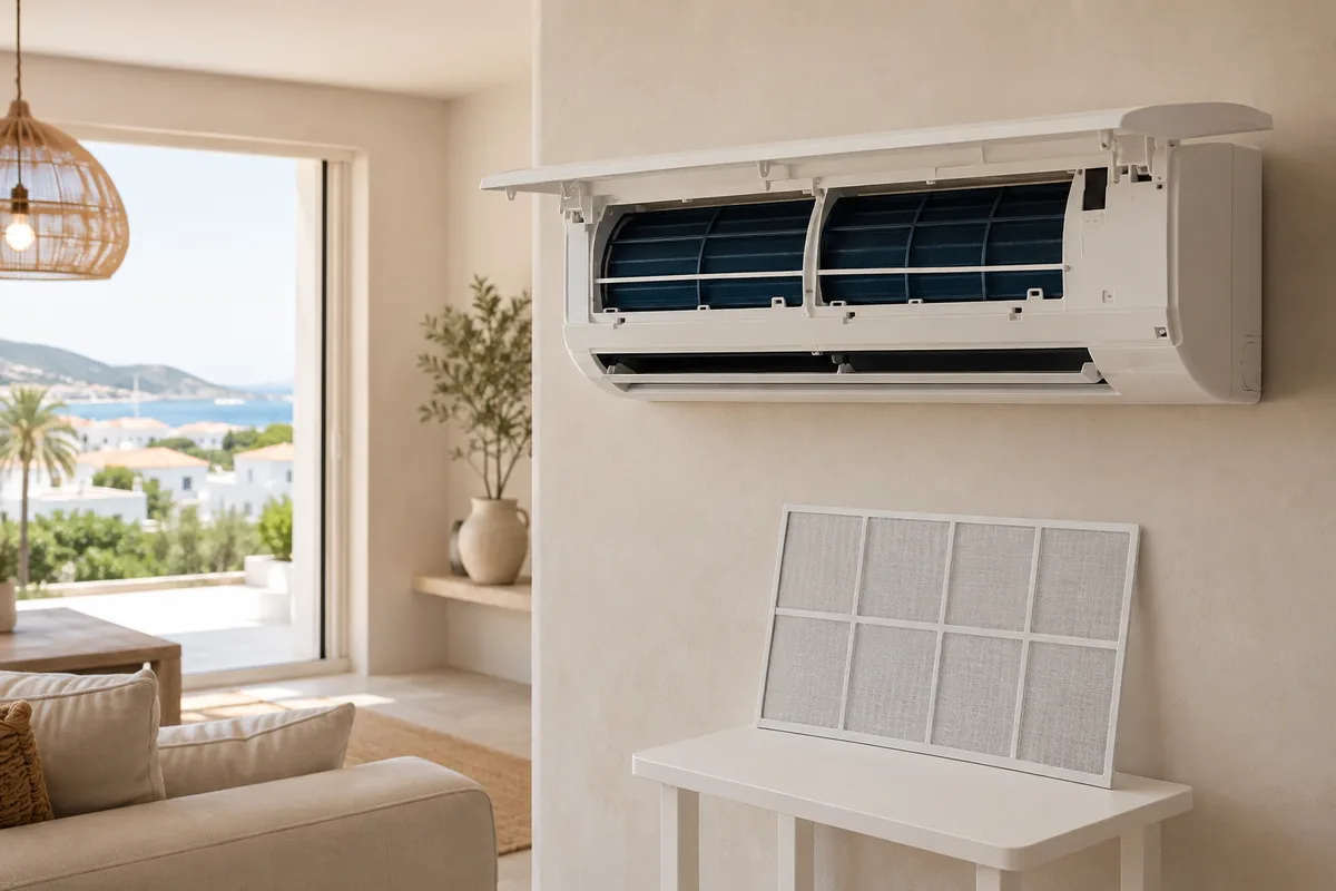 Split de aire acondicionado abierto con filtro desmontable limpio en un salón de Ibiza