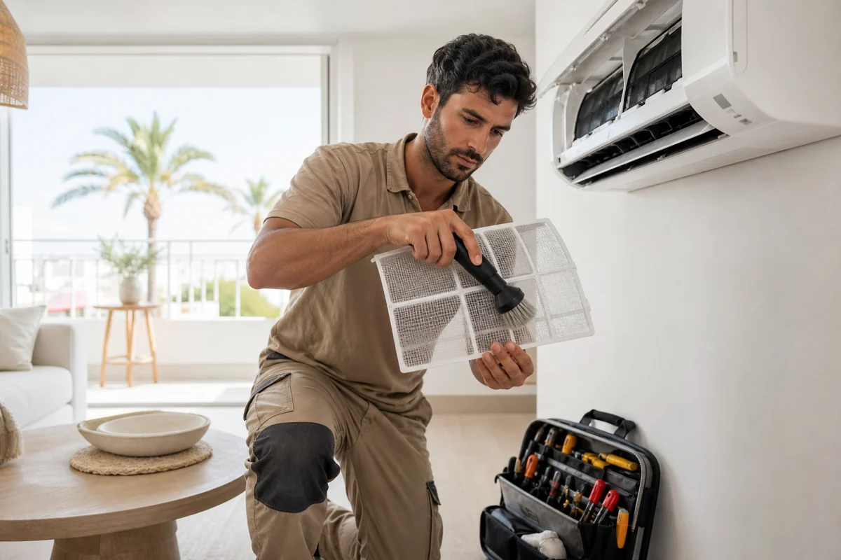 Técnico limpiando el filtro de un aire acondicionado split en una vivienda de Ibiza