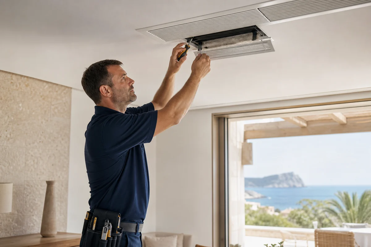 Técnico revisando una rejilla de retorno de aire acondicionado por conductos en una vivienda de Ibiza