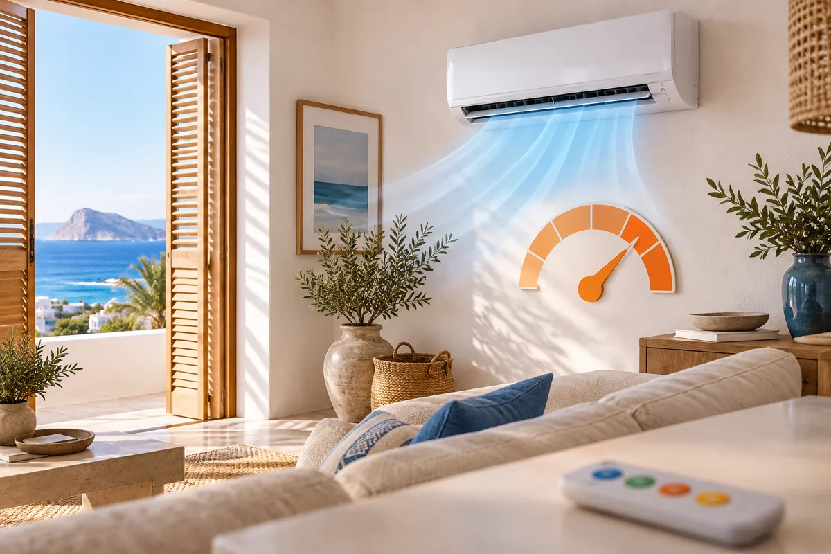 Split de aire acondicionado en un salón de Ibiza con flujo de aire estable y una aguja de consumo