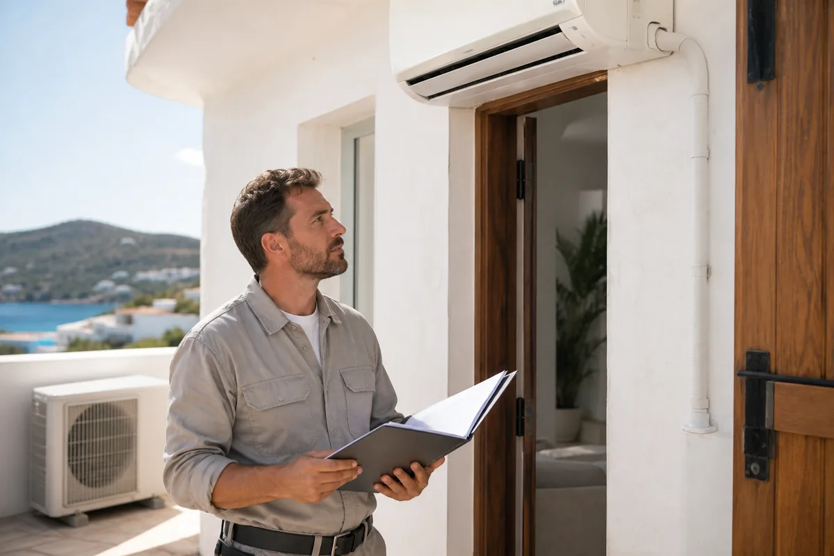 Técnico revisando la documentación y la instalación de un aire acondicionado en una vivienda mediterránea de Ibiza