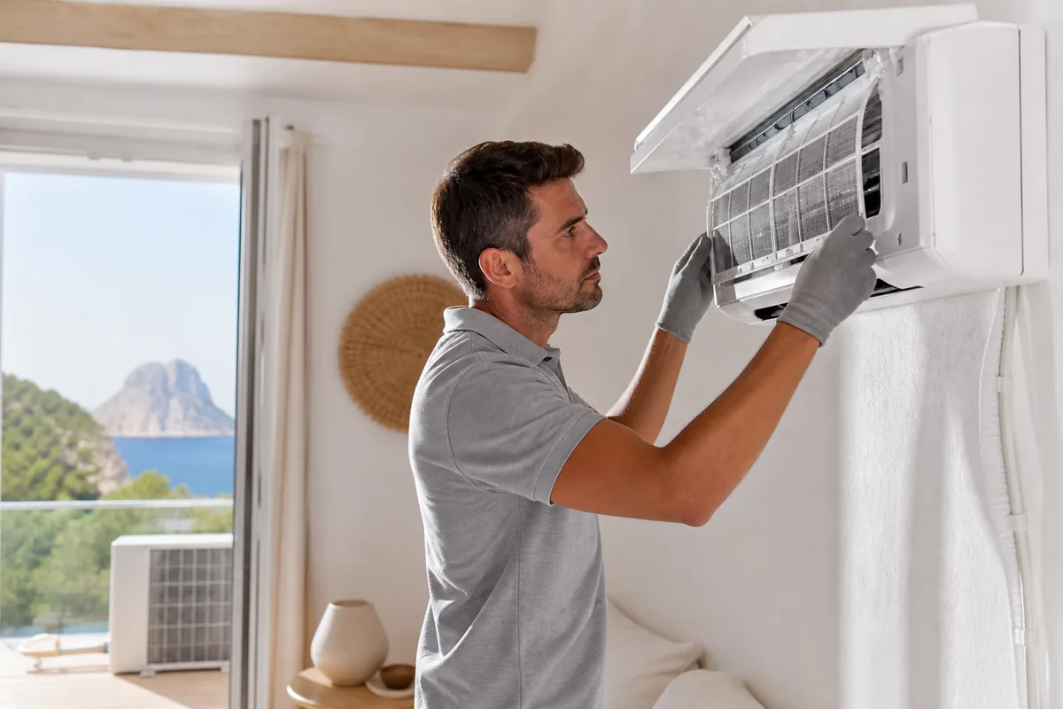 Técnico revisando los filtros de un aire acondicionado split en un apartamento mediterráneo de Ibiza