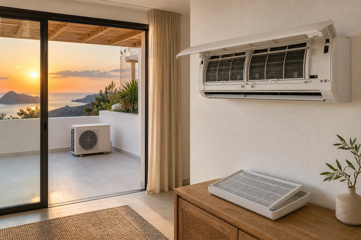 Aire acondicionado split con filtros abiertos y unidad exterior ventilada en una vivienda de Ibiza