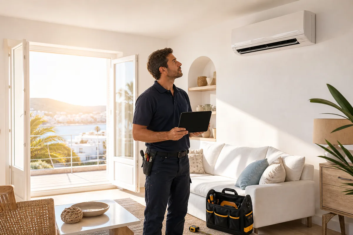 Técnico de climatización revisando un split de aire acondicionado en una vivienda luminosa de Ibiza