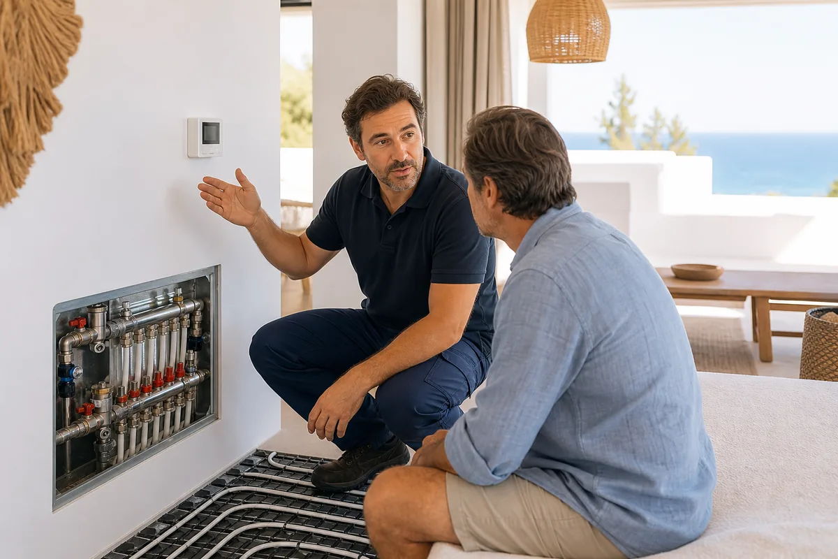 Técnico de climatización explicando un suelo refrescante con aerotermia en una vivienda luminosa de Ibiza