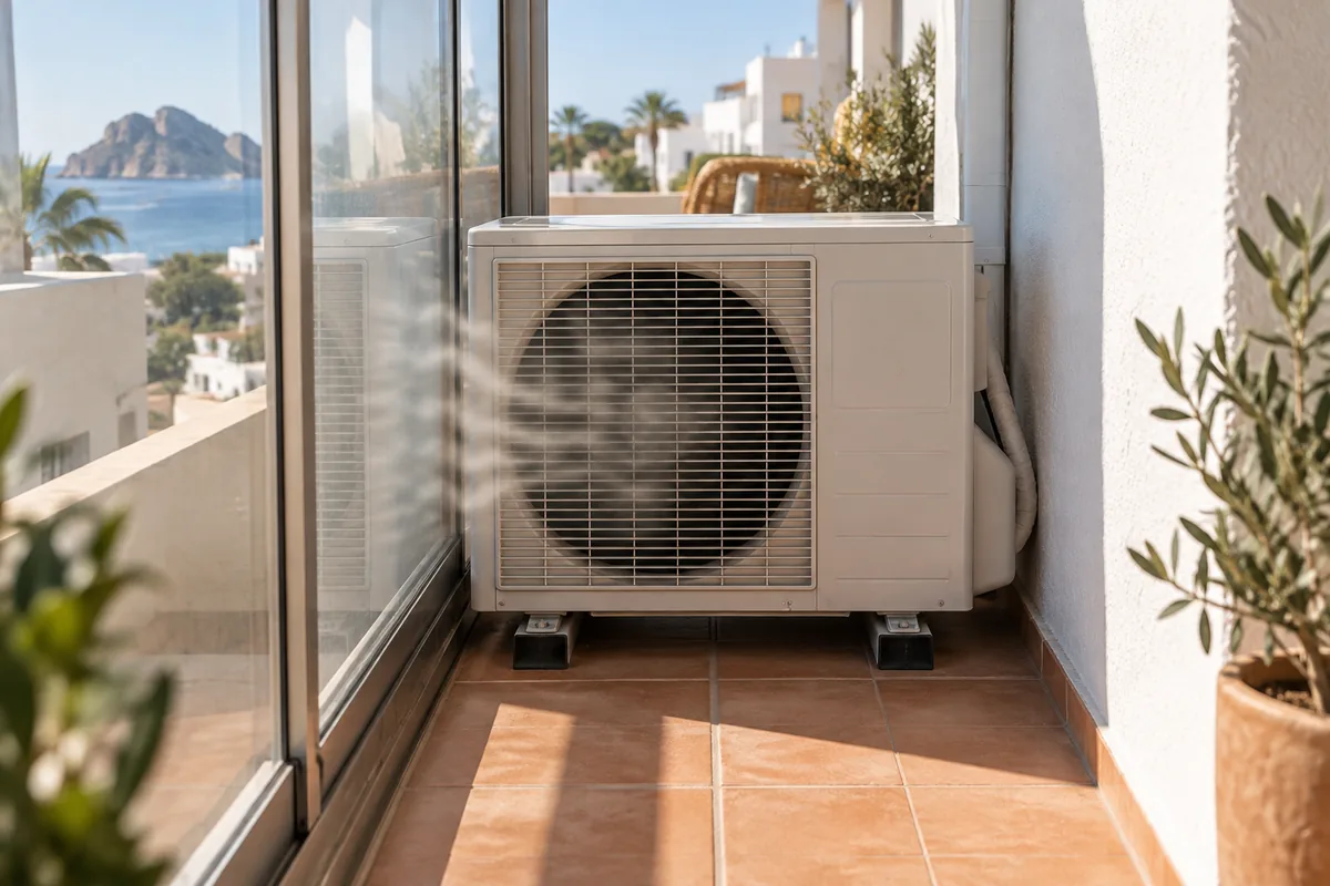 Unidad exterior de aire acondicionado encajada en una terraza acristalada de Ibiza con poco espacio para expulsar el calor