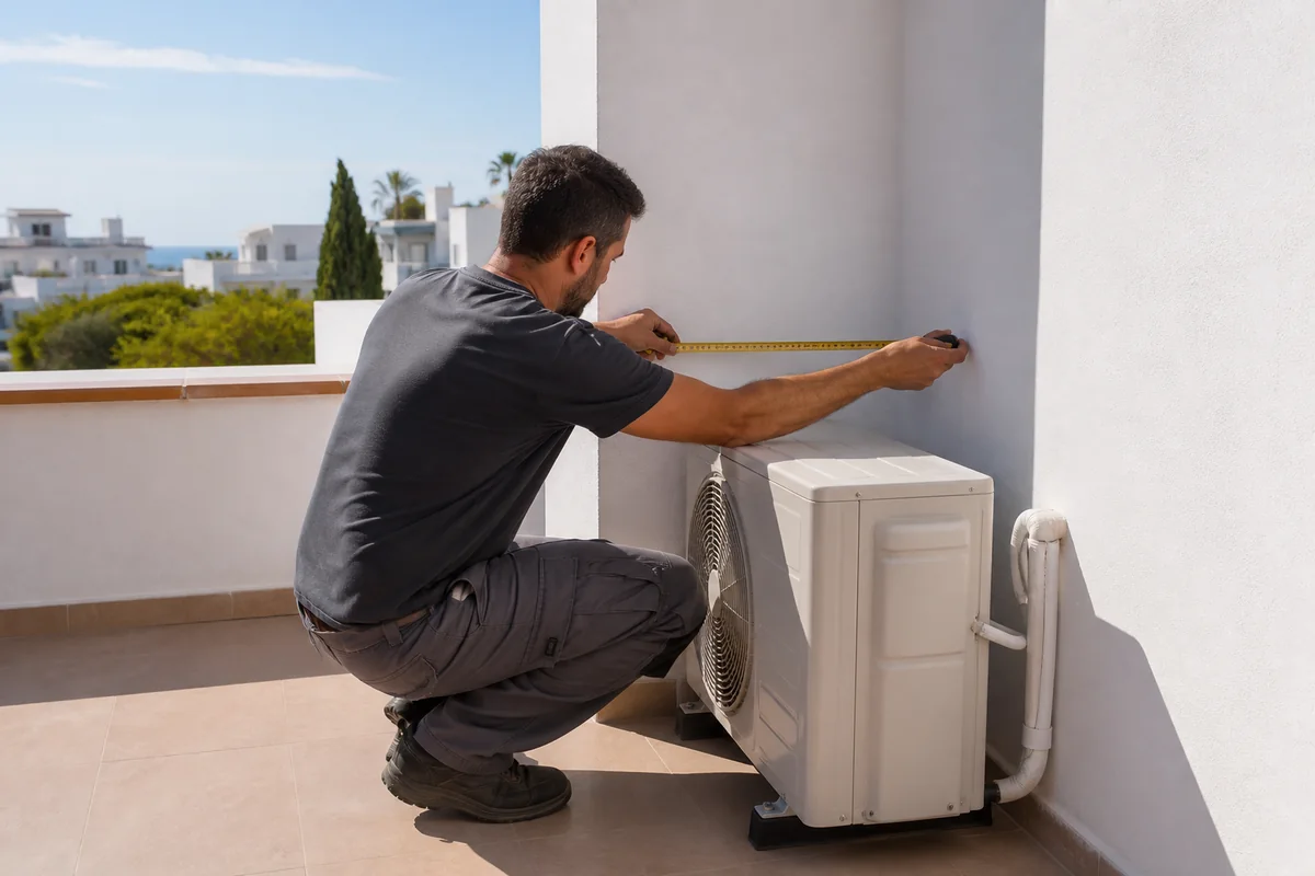 Instalador midiendo el espacio para una unidad exterior de aire acondicionado en una terraza de Ibiza