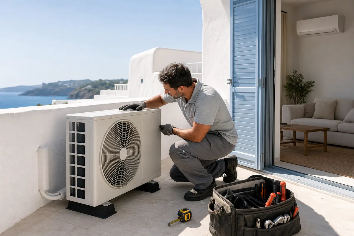 Técnico de climatización revisando la ubicación de la unidad exterior de un aire acondicionado en una terraza mediterránea de Ibiza
