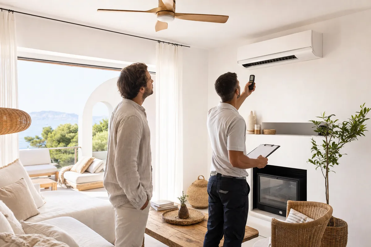 Técnico de climatización revisando un aire acondicionado split en un salón mediterráneo de Ibiza con ventilador de techo